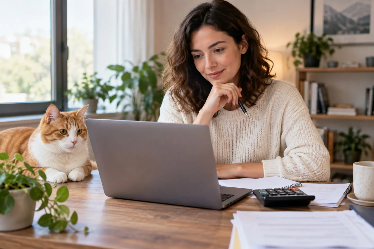 Owner comparing information on a laptop with a cat nearby